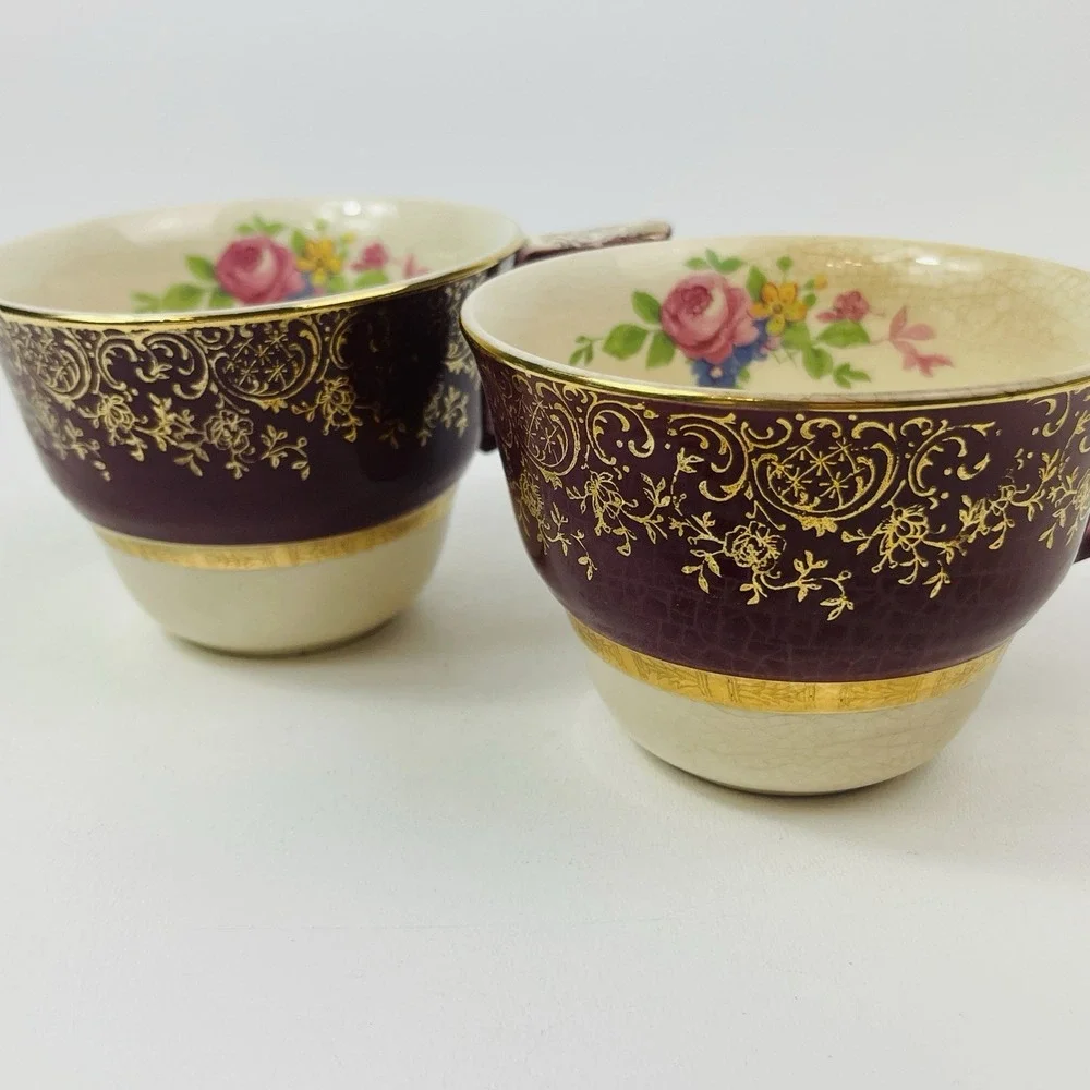 Century by Salem Aristocrat‎ 23 Karat Gold 2 Tea Cups Floral Crazing Browning